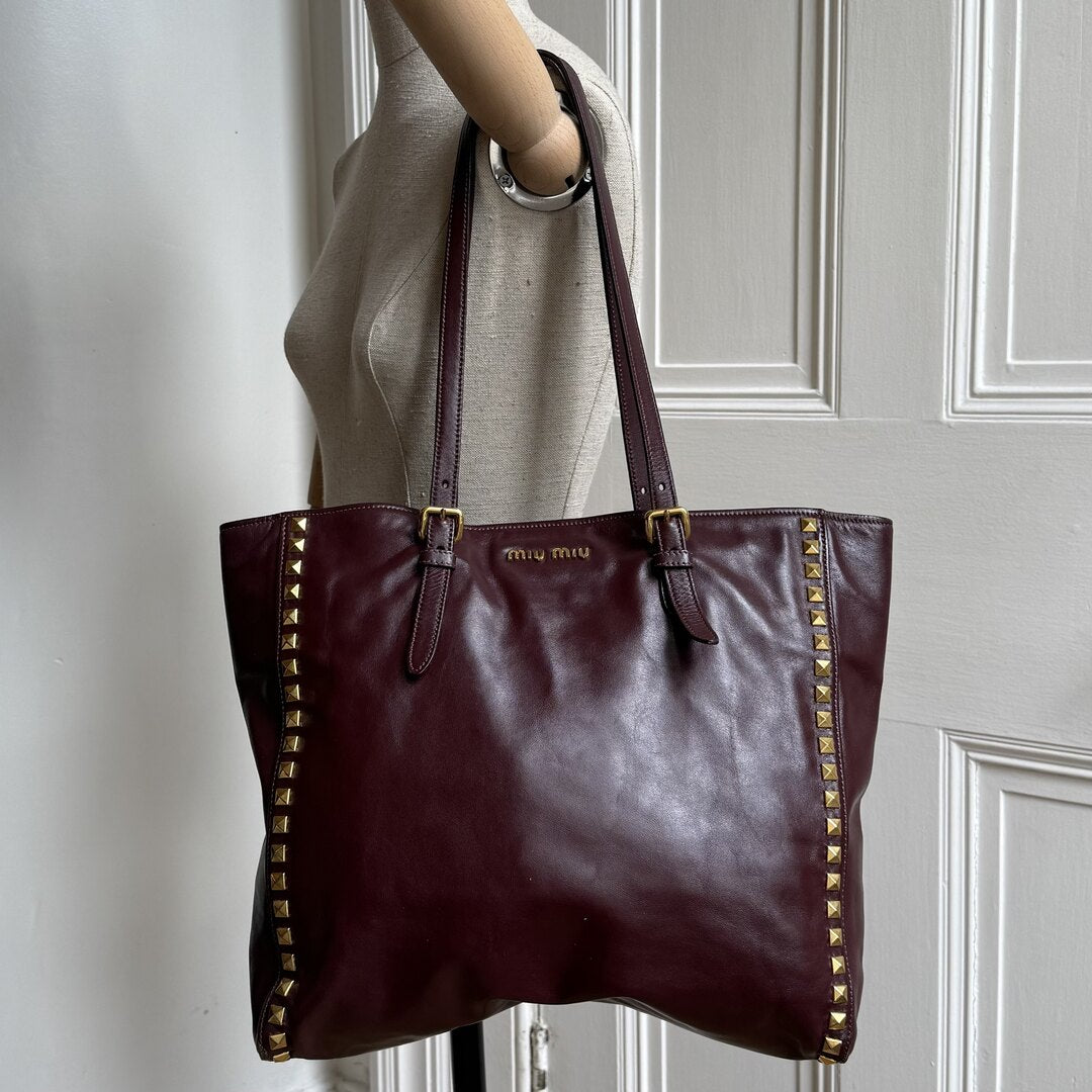 Miu Miu Studded Vitello Brown Leather Tote Bag