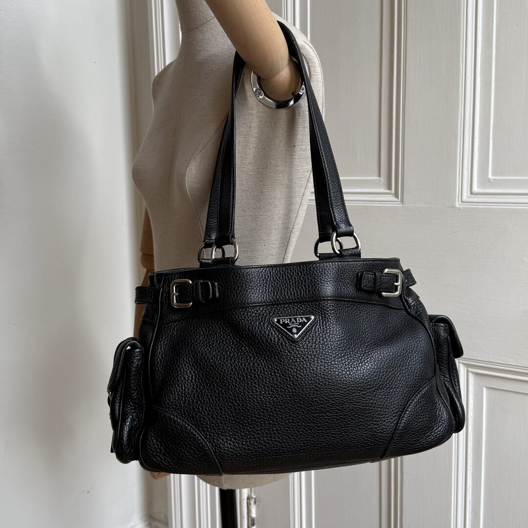 Prada Vitello Daino Leather Black Tote Bag
