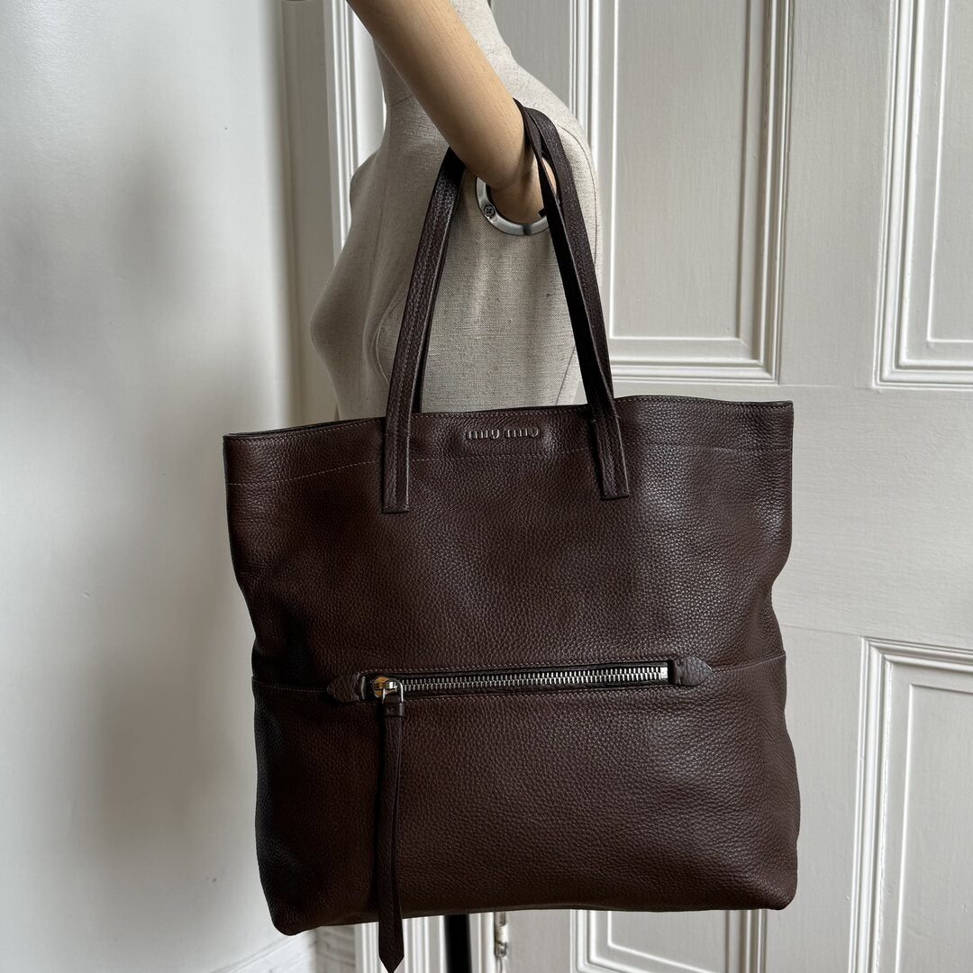Miu Miu Vitello Brown Leather Tote Bag