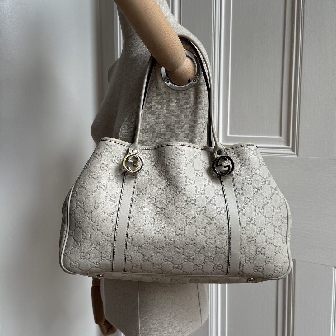 Gucci Guccissima Twins Leather Cream Tote Bag