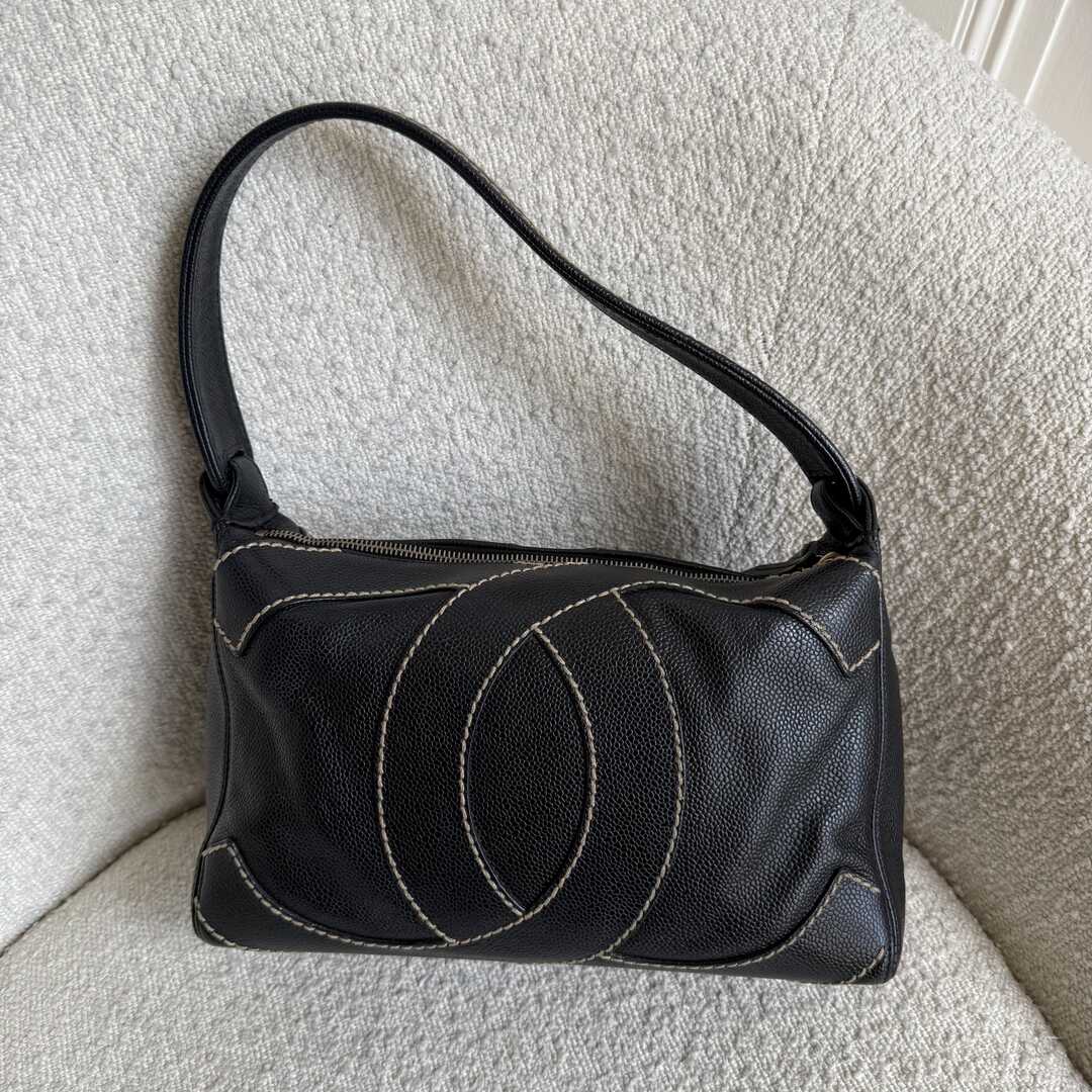 2004 Chanel Surpique CC Wild Stitch Caviar Black Shoulder Bag