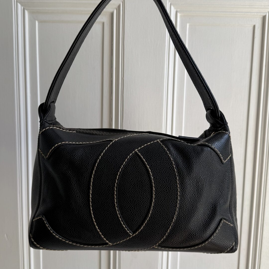 2004 Chanel Surpique CC Wild Stitch Caviar Black Shoulder Bag