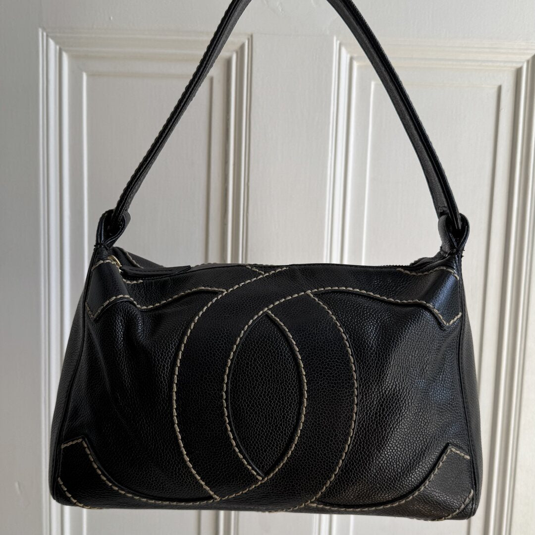 2004 Chanel Surpique CC Wild Stitch Caviar Black Shoulder Bag