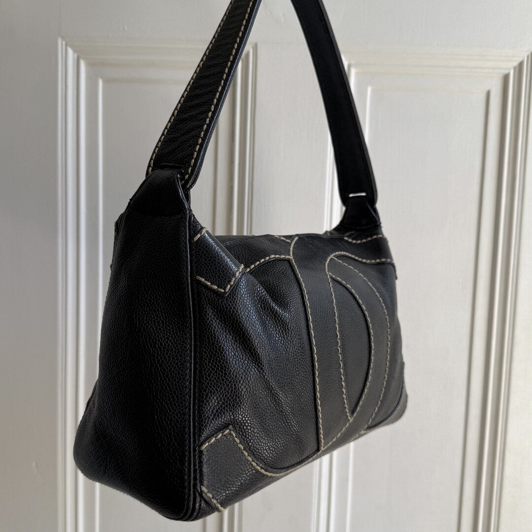 2004 Chanel Surpique CC Wild Stitch Caviar Black Shoulder Bag