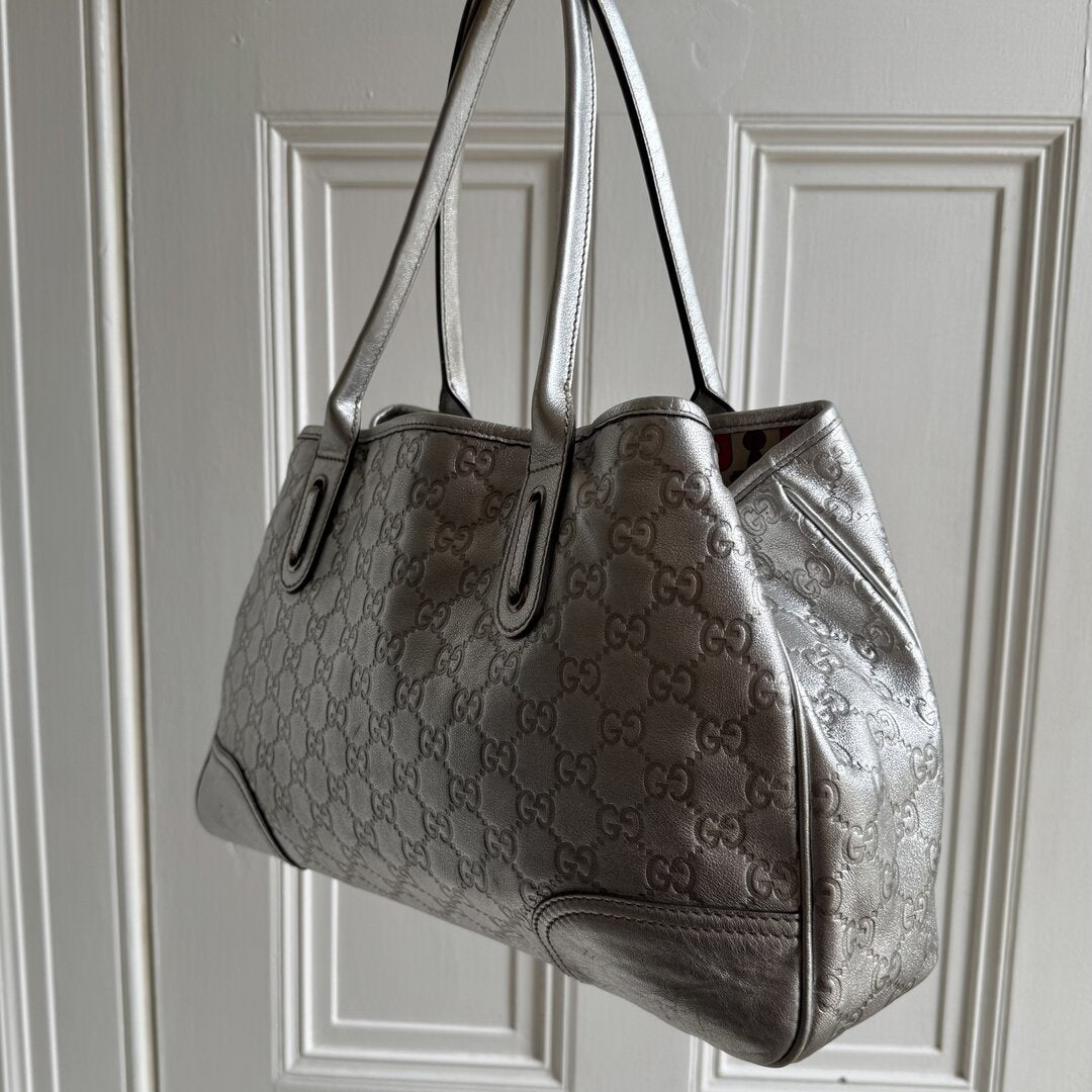 Rare Gucci Guccissima Princy Metallic Silver Tote Bag