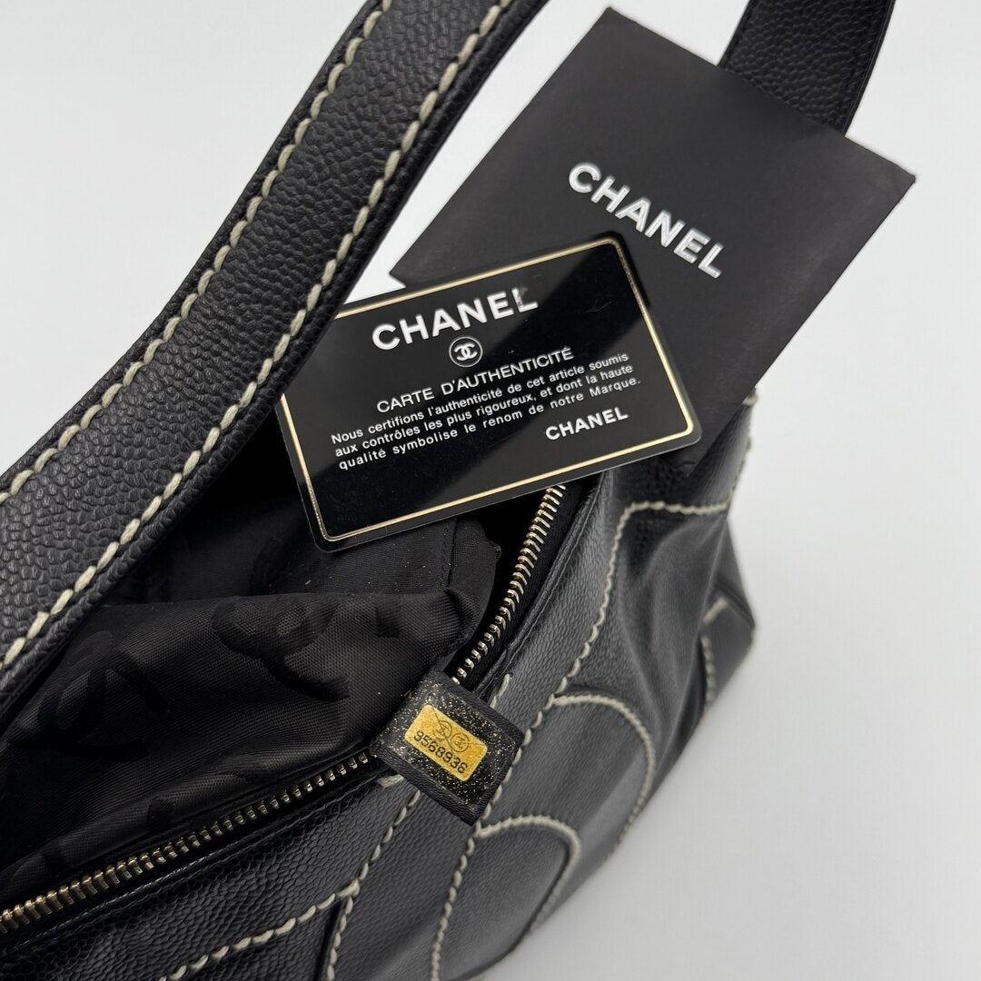 2004 Chanel Surpique CC Wild Stitch Caviar Black Shoulder Bag