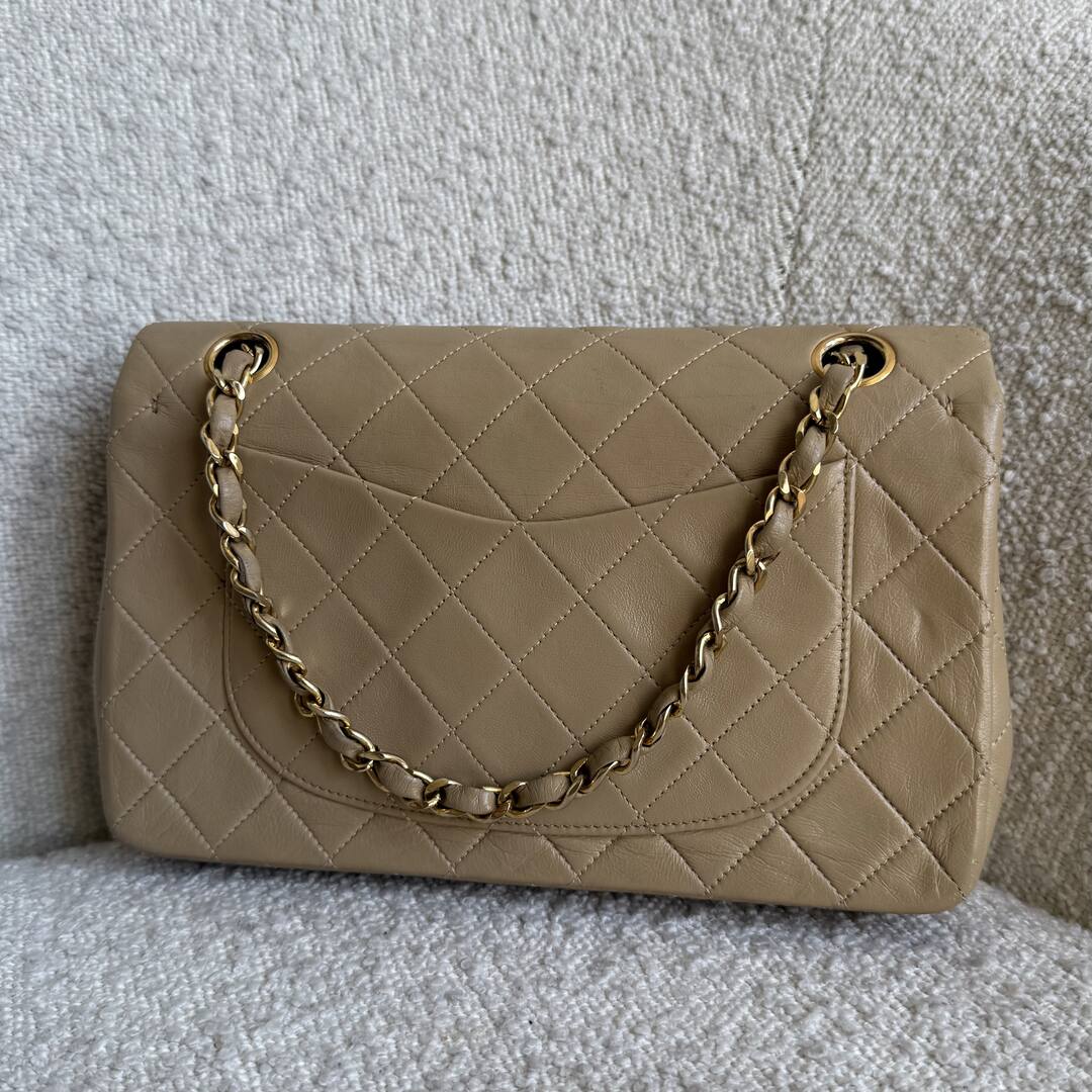 90s Chanel Matelasse Double Flap Chain 24K Gold Beige Shoulder Bag