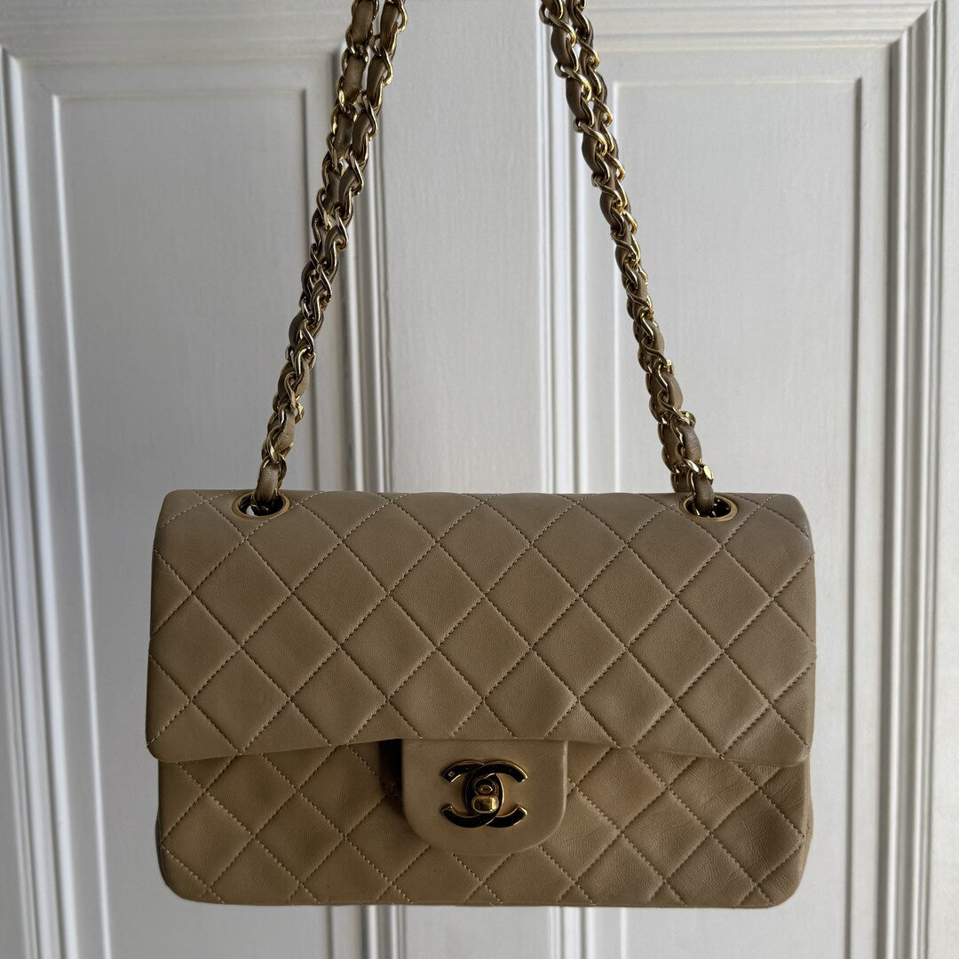 90s Chanel Matelasse Double Flap Chain 24K Gold Beige Shoulder Bag