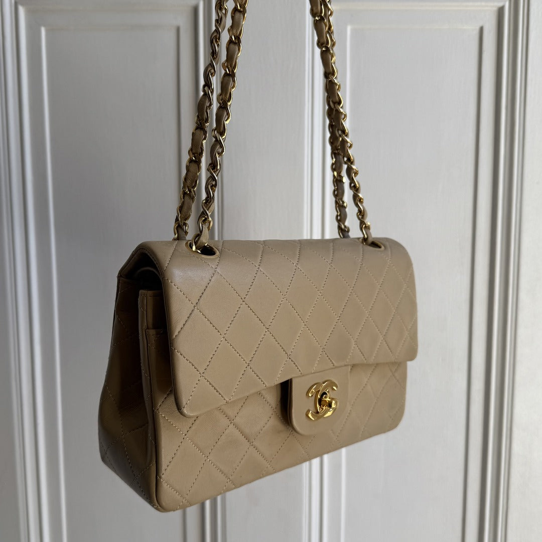 90s Chanel Matelasse Double Flap Chain 24K Gold Beige Shoulder Bag