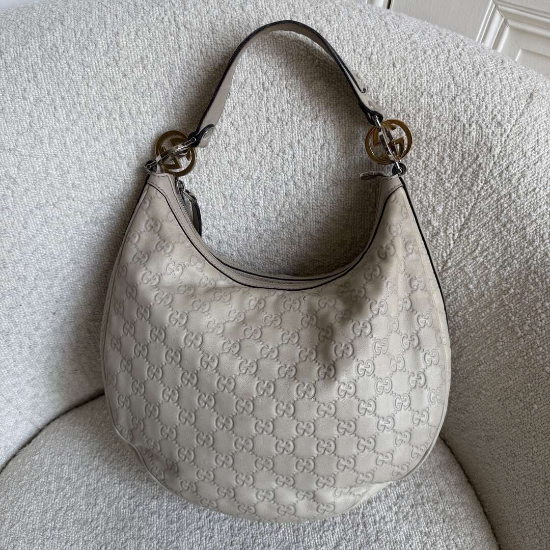 Gucci Guccissima Twins Hobo Cream Leather Shoulder Bag