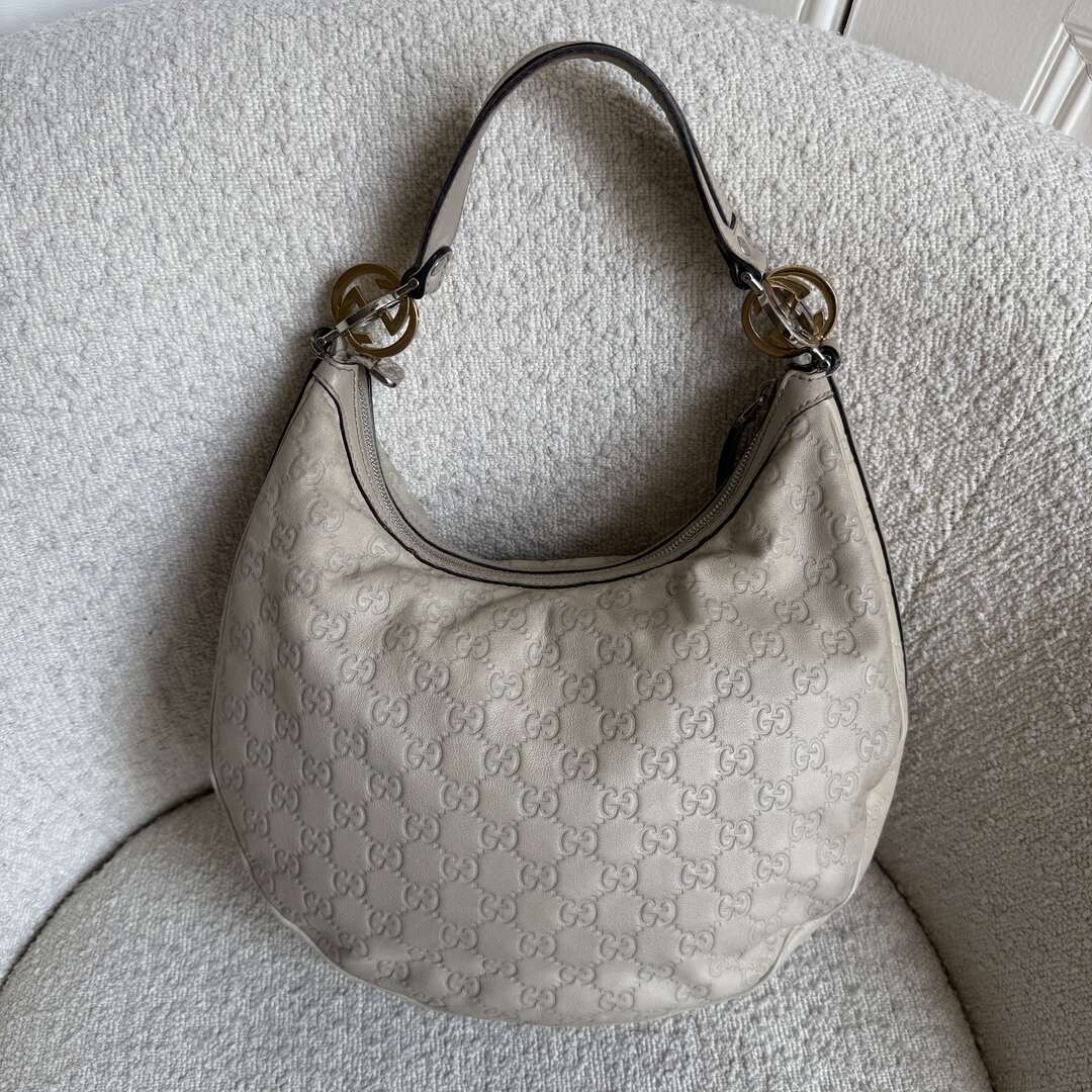 Gucci Guccissima Twins Hobo Cream Leather Shoulder Bag