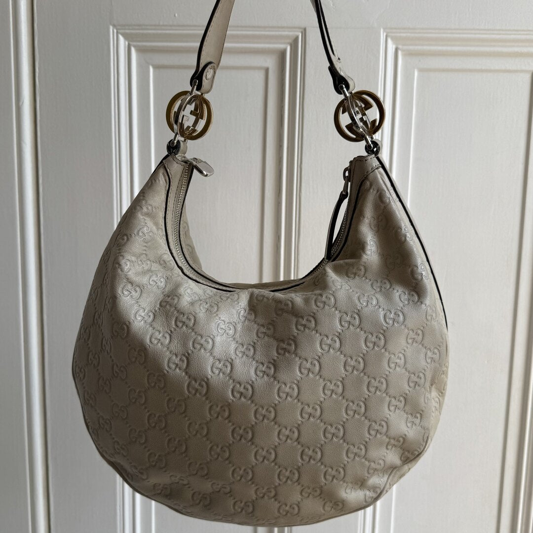 Gucci Guccissima Twins Hobo Cream Leather Shoulder Bag