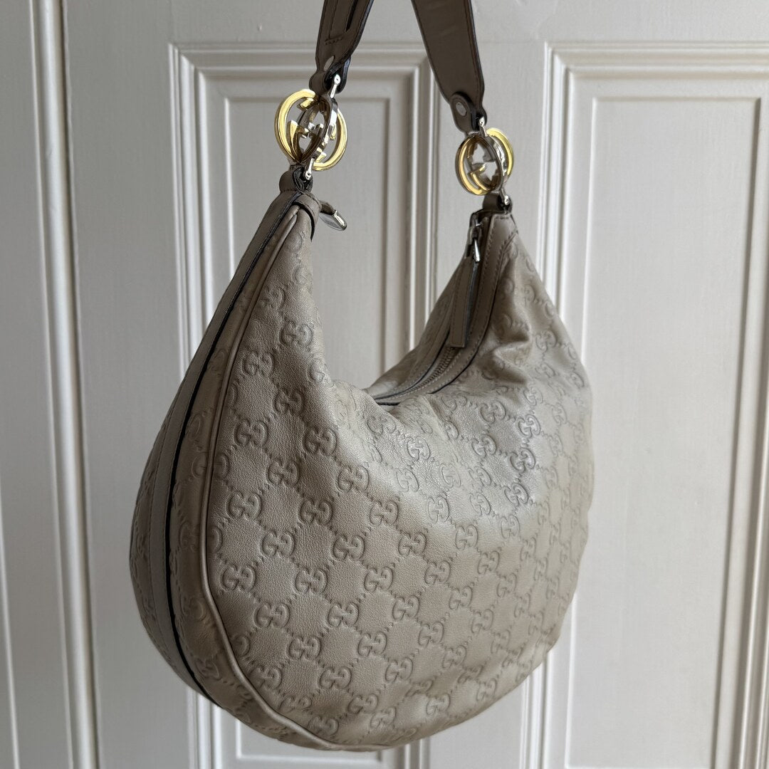 Gucci Guccissima Twins Hobo Cream Leather Shoulder Bag