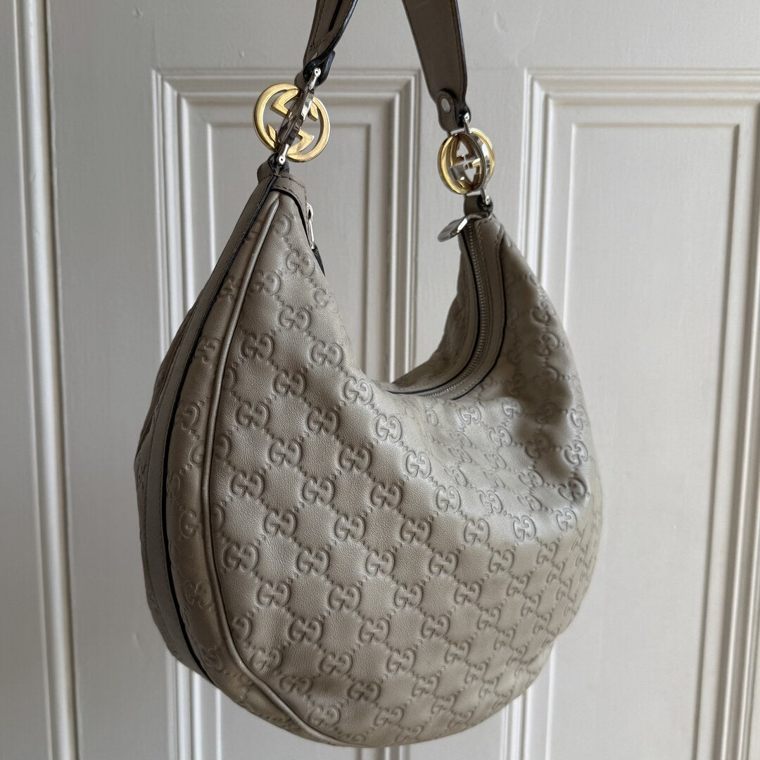 Gucci Guccissima Twins Hobo Cream Leather Shoulder Bag