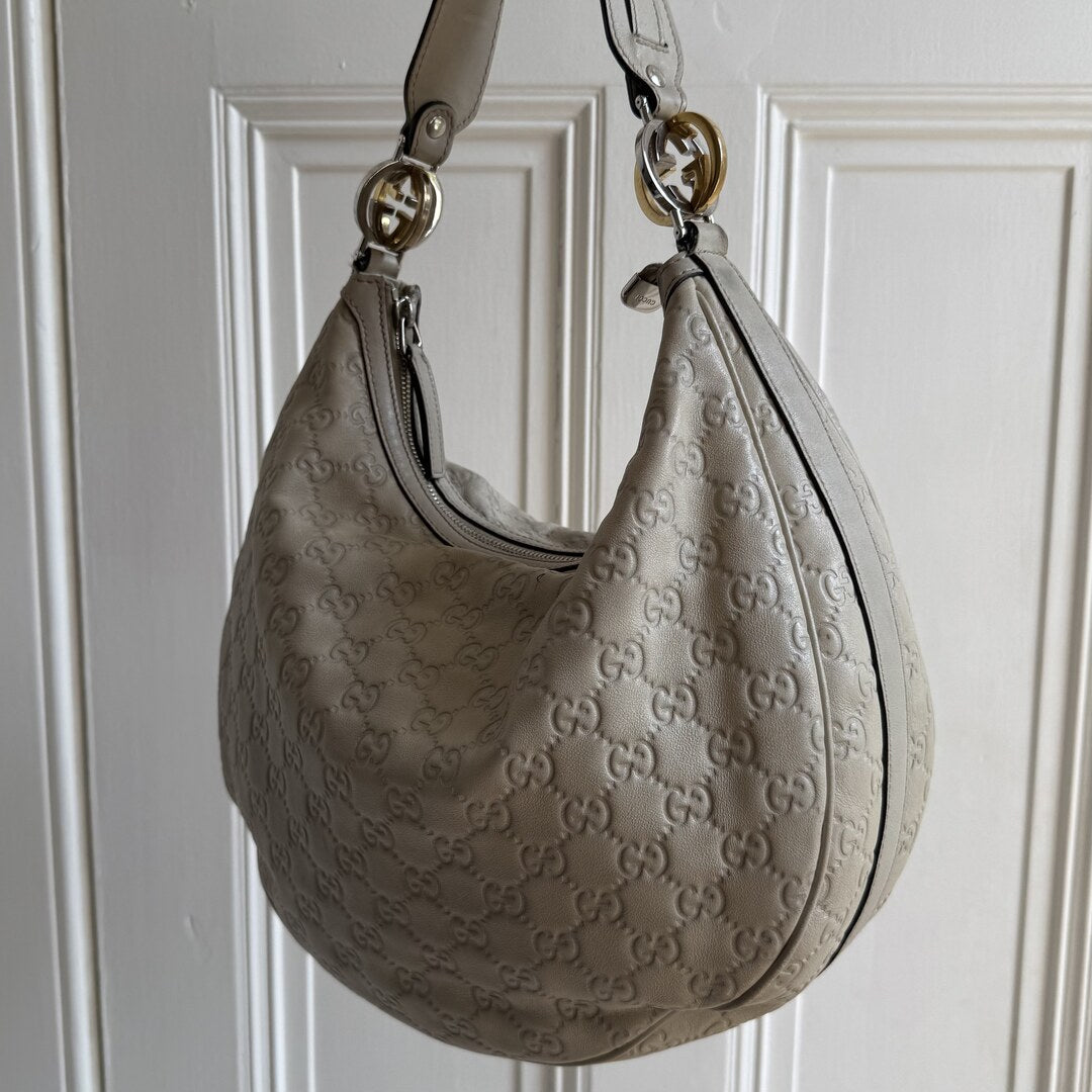 Gucci Guccissima Twins Hobo Cream Leather Shoulder Bag