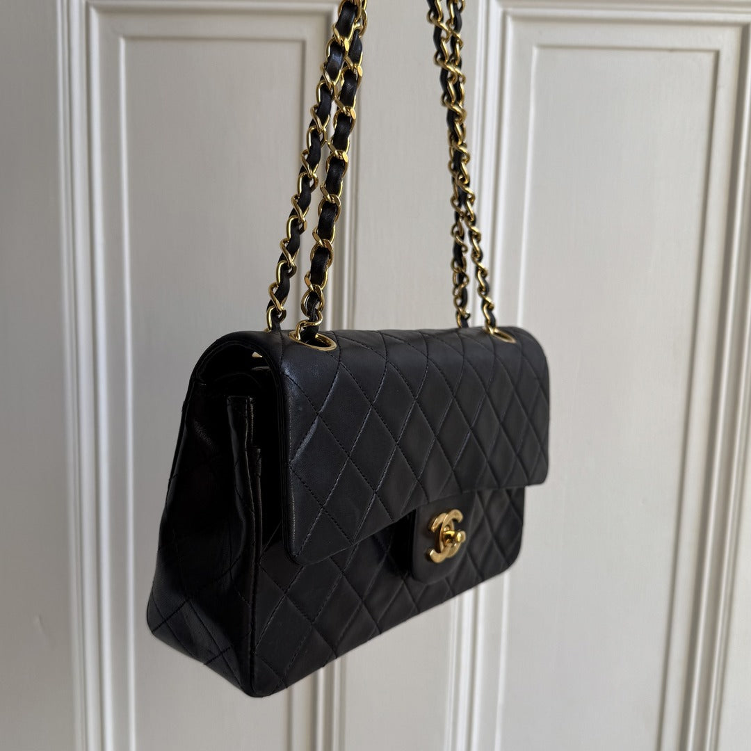 90s Chanel Matelasse Double Flap Chain 24K Gold Black Shoulder Bag