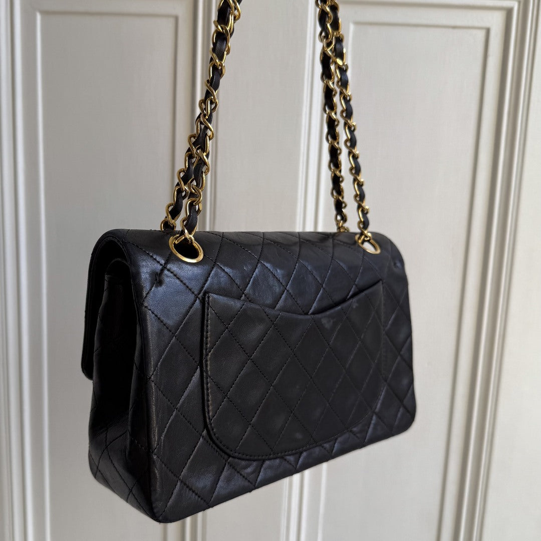 90s Chanel Matelasse Double Flap Chain 24K Gold Black Shoulder Bag