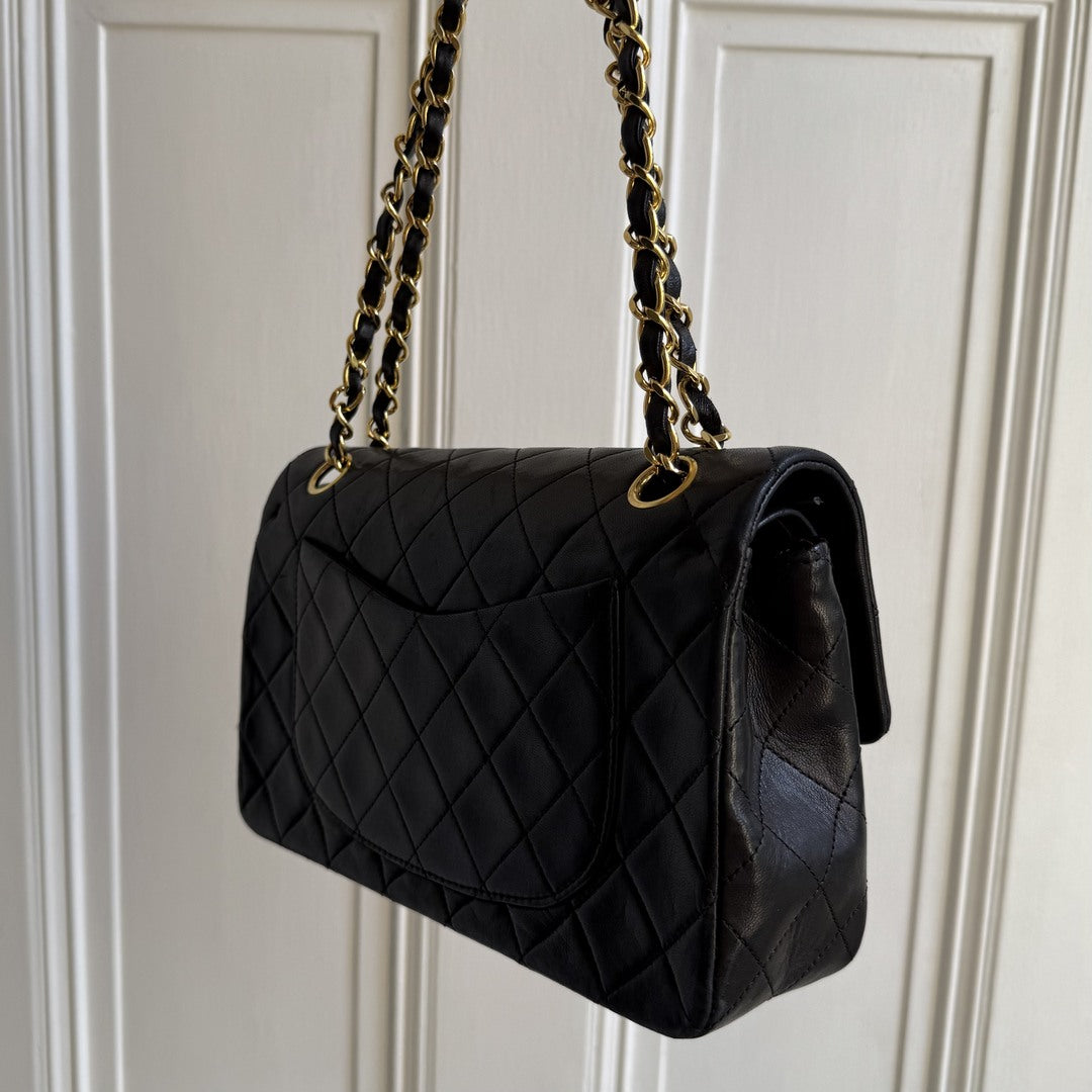 90s Chanel Matelasse Double Flap Chain 24K Gold Black Shoulder Bag