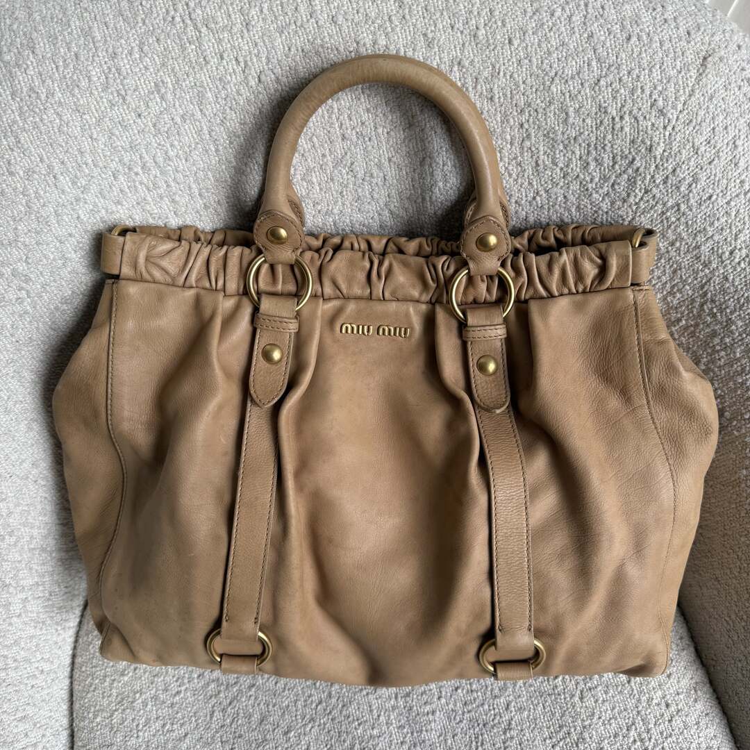 Miu Miu XL Vitello Leather Taupe Brown Handbag