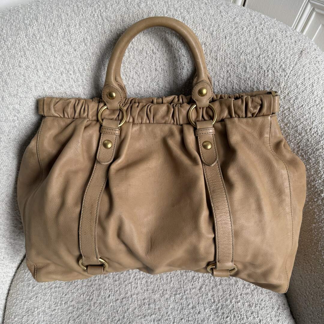 Miu Miu XL Vitello Leather Taupe Brown Handbag