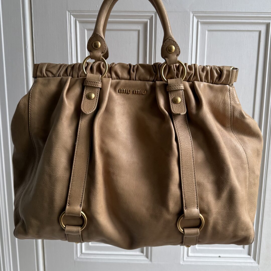 Miu Miu XL Vitello Leather Taupe Brown Handbag