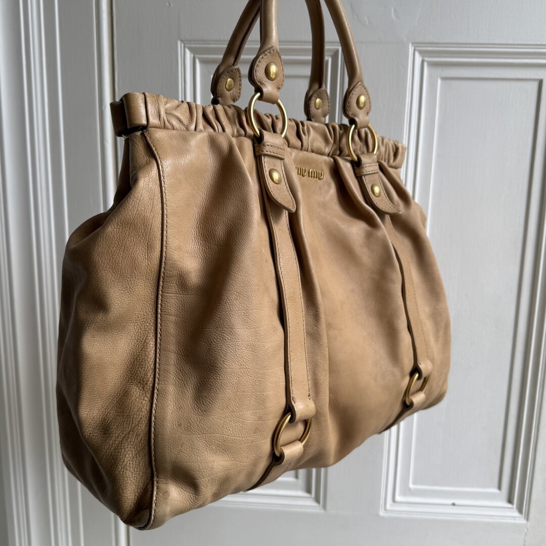 Miu Miu XL Vitello Leather Taupe Brown Handbag
