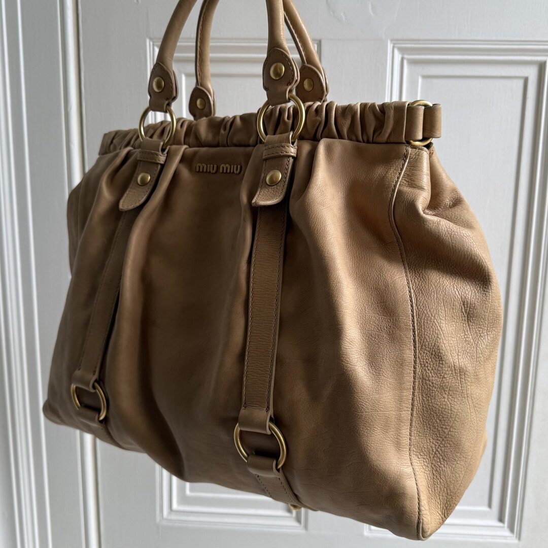 Miu Miu XL Vitello Leather Taupe Brown Handbag