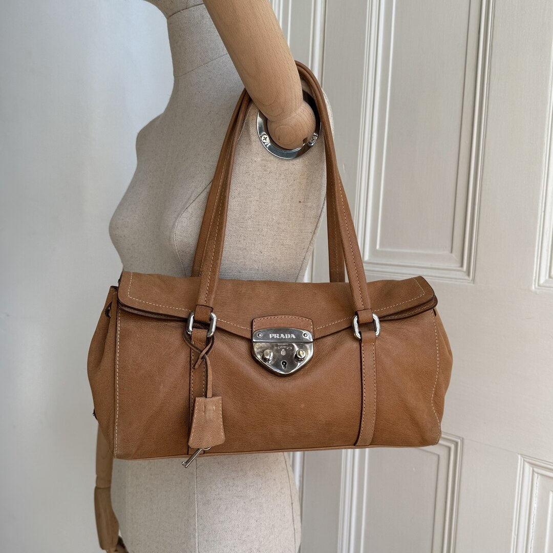 2005 Prada Vitello Easy Leather Brown Shoulder Bag