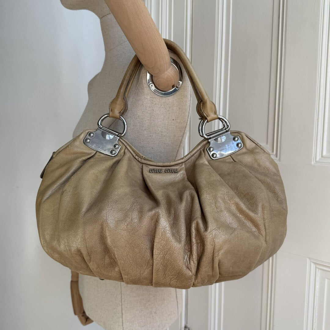 Miu Miu Hobo Leather Beige Shoulder Bag