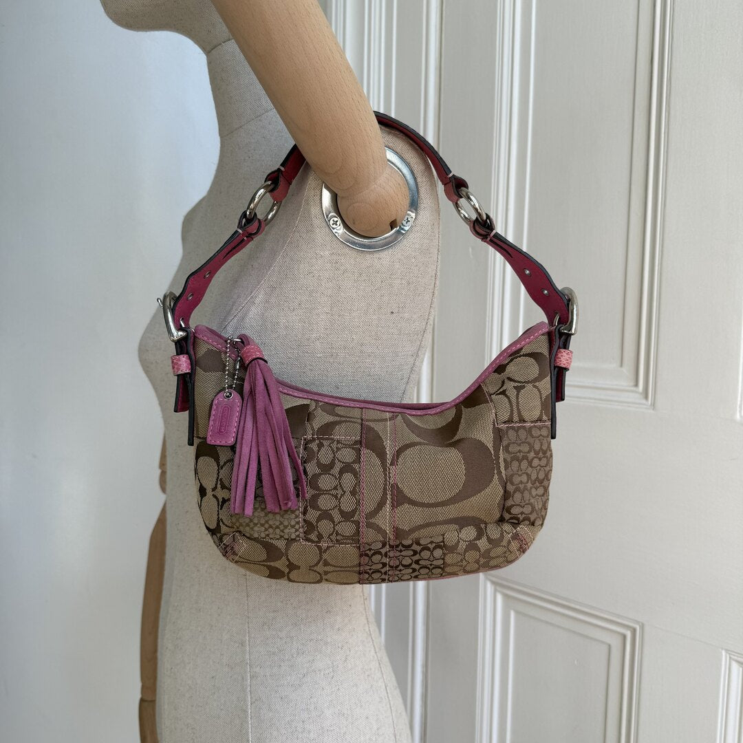 Coach Signature Patchwork Croissant Pink Shoulder Bag