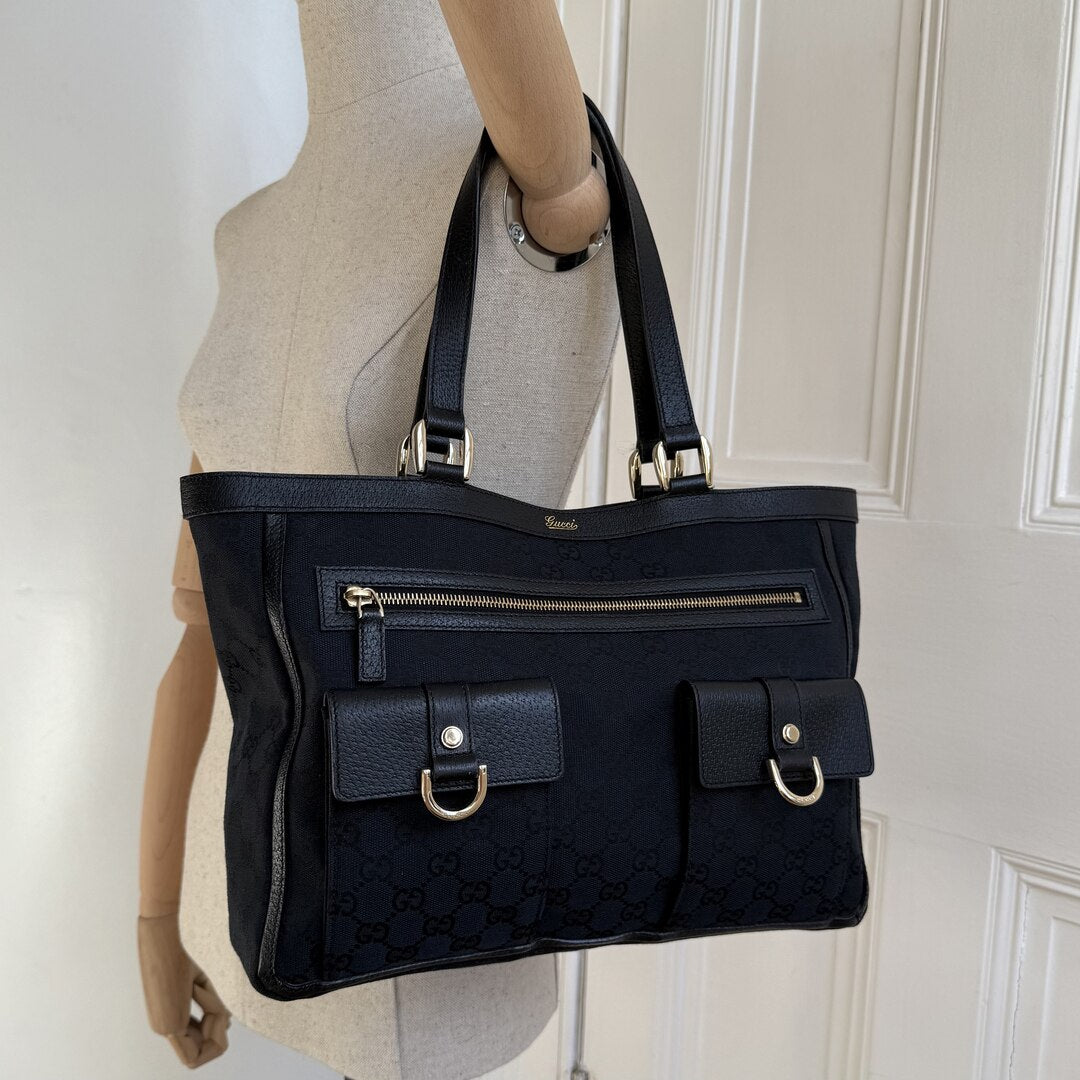 Gucci GG Canvas Abbey D-Ring Pocket Black Tote Bag