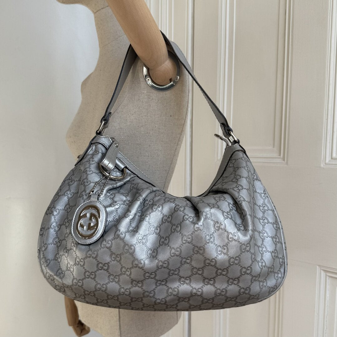 Gucci Sukey Metallic Silver Leather Shoulder Bag