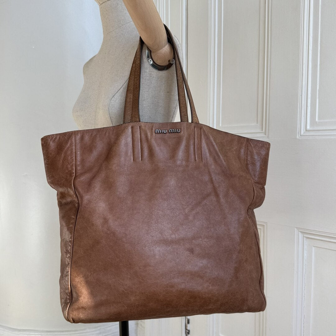 Miu Miu Vitello Brown Leather Tote Bag