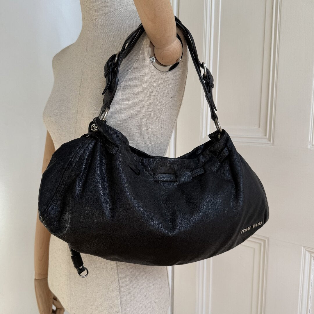 2000s Miu Miu Hobo Leather Black Shoulder Bag