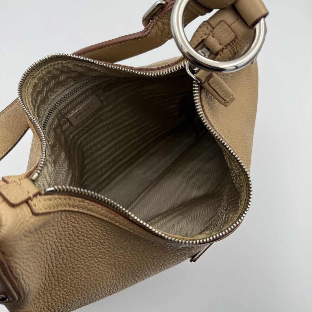 Prada Vitello Daino Hobo Beige Leather Shoulder Bag