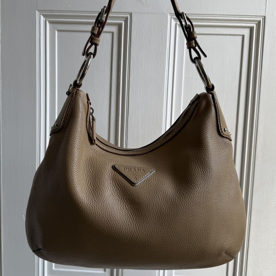 Prada Vitello Daino Hobo Beige Leather Shoulder Bag