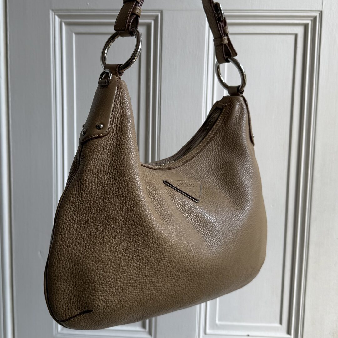 Prada Vitello Daino Hobo Beige Leather Shoulder Bag