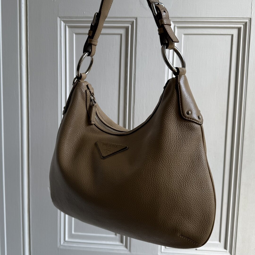 Prada Vitello Daino Hobo Beige Leather Shoulder Bag