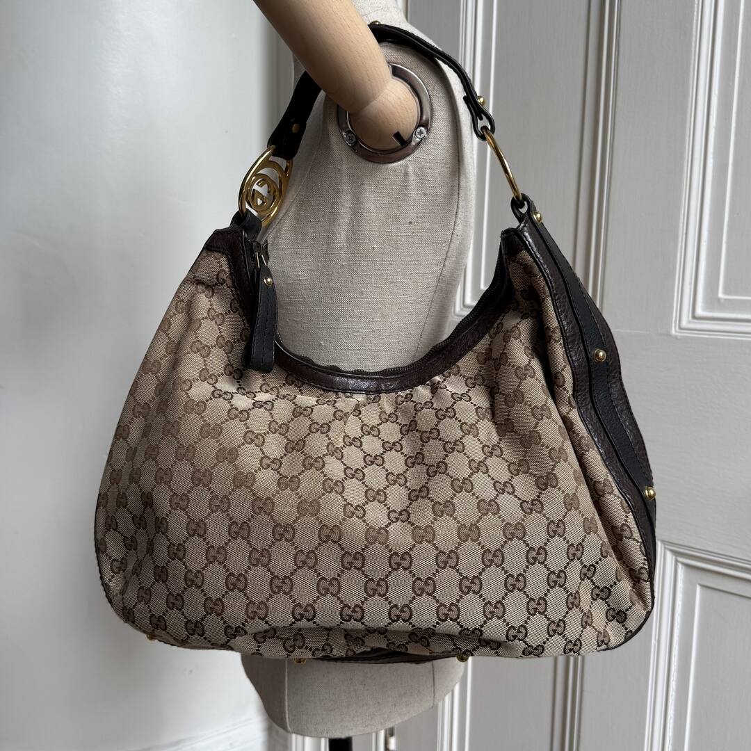 Gucci GG Canvas Interlocking G Large Hobo Brown Shoulder Bag
