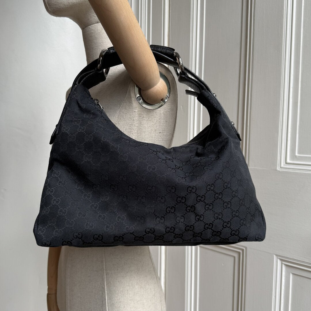 Gucci GG Canvas Horsebit Hobo Black Shoulder Bag