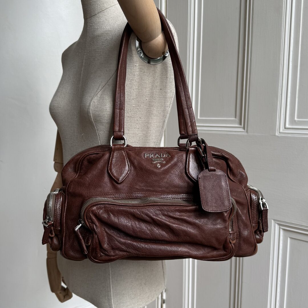 Prada Washed Bauletto Brown Leather Shoulder Bag