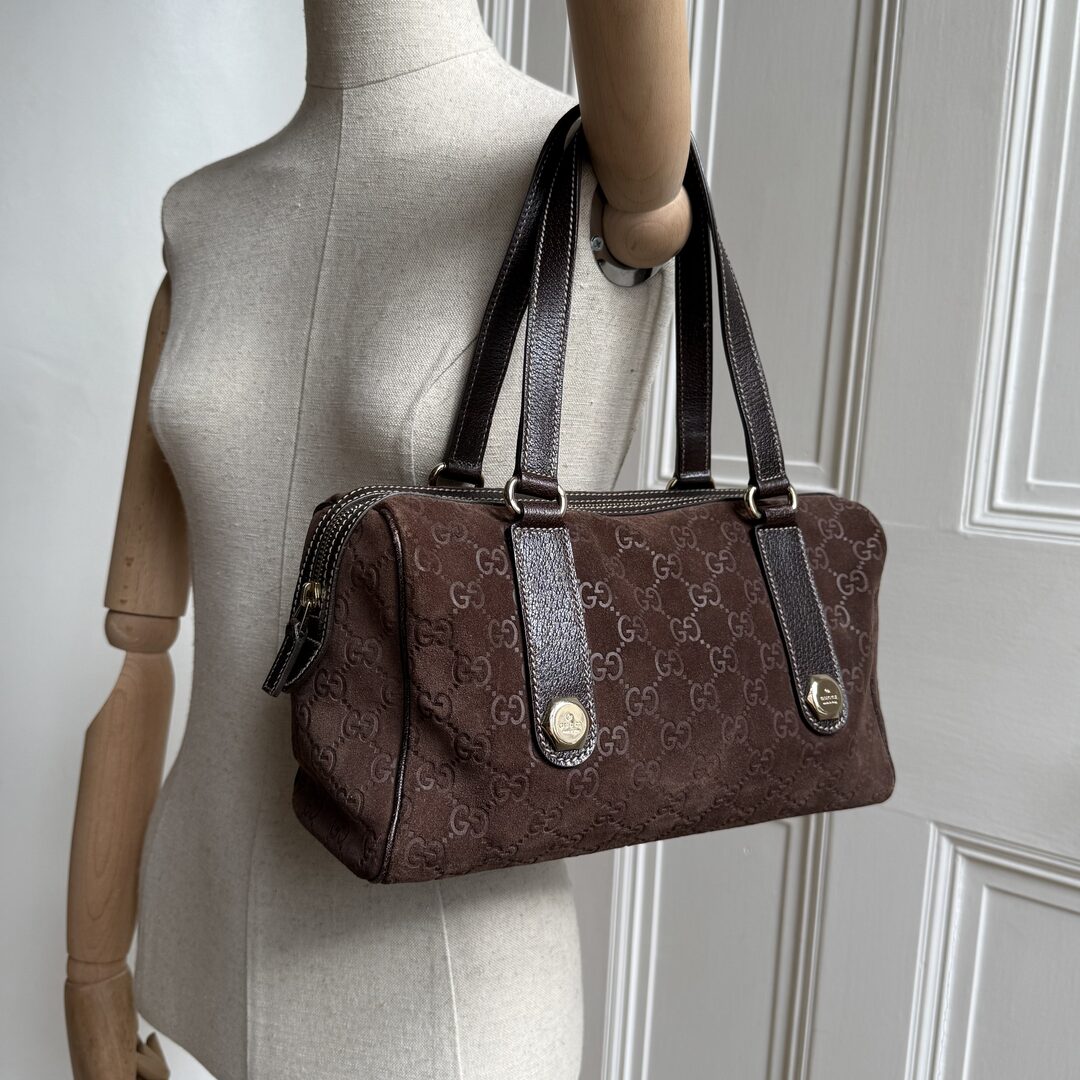 Rare Gucci GG Suede Charmy Boston Brown Shoulder Bag
