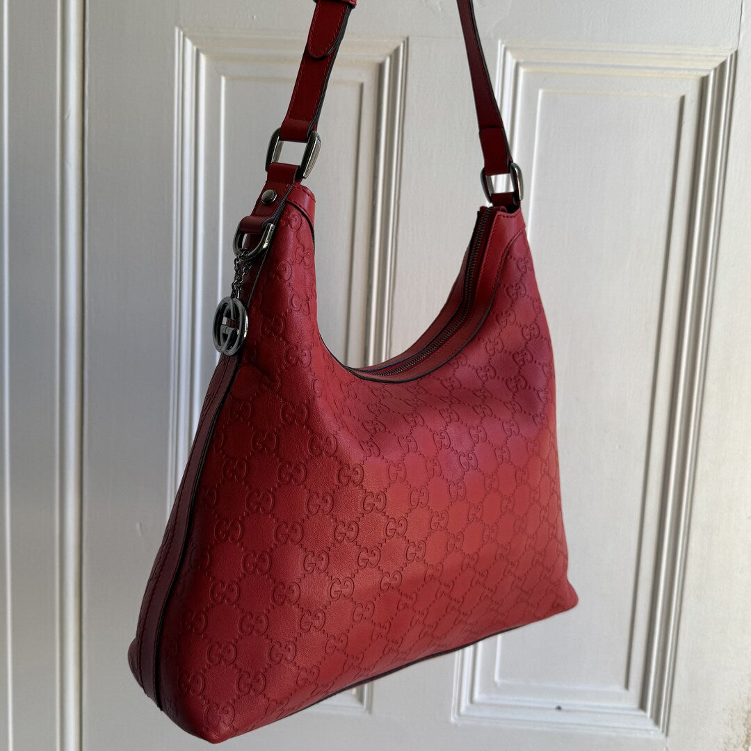 Gucci Guccissima Hobo Leather Red Shoulder Bag