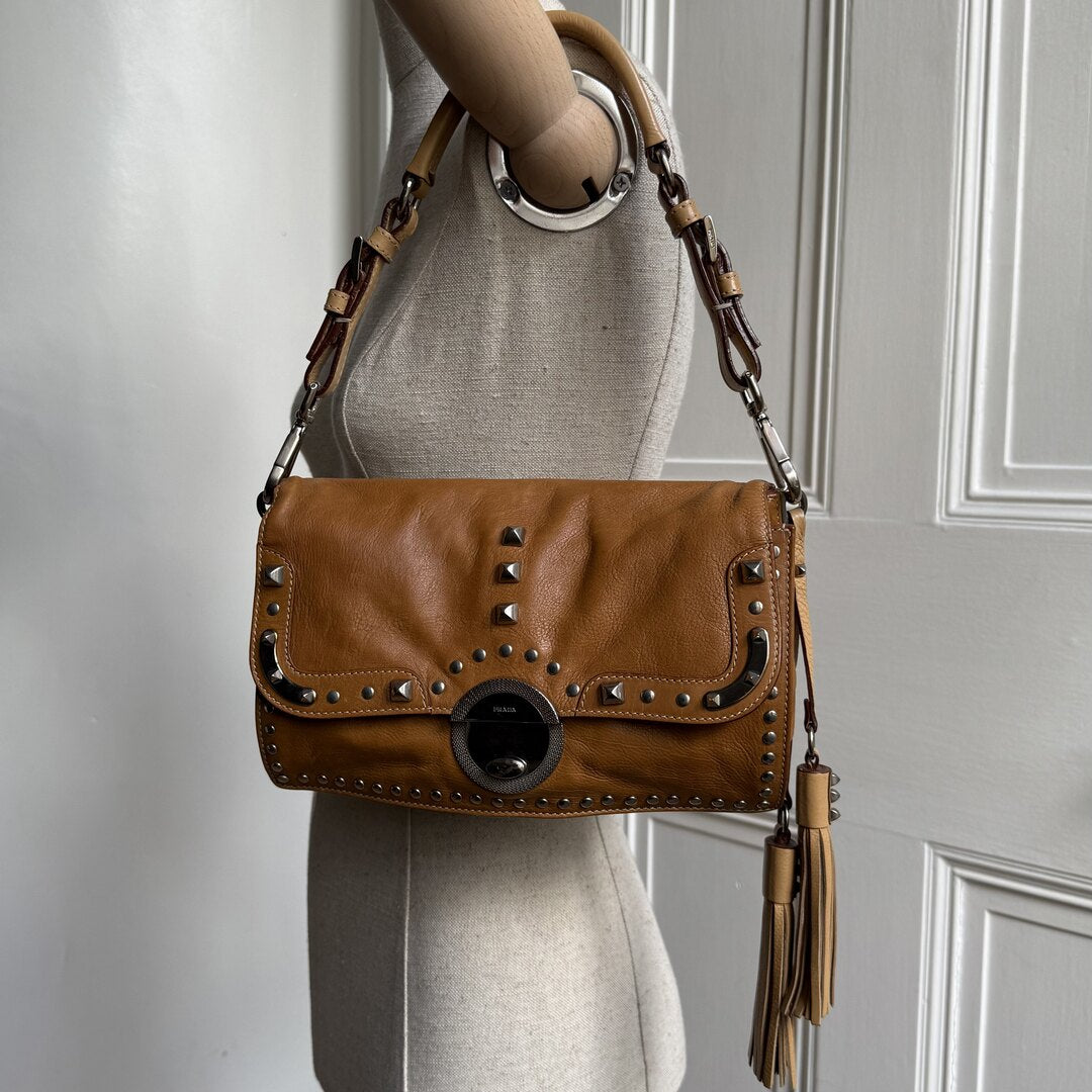 Prada Tassels Studded Leather Brown Shoulder Bag