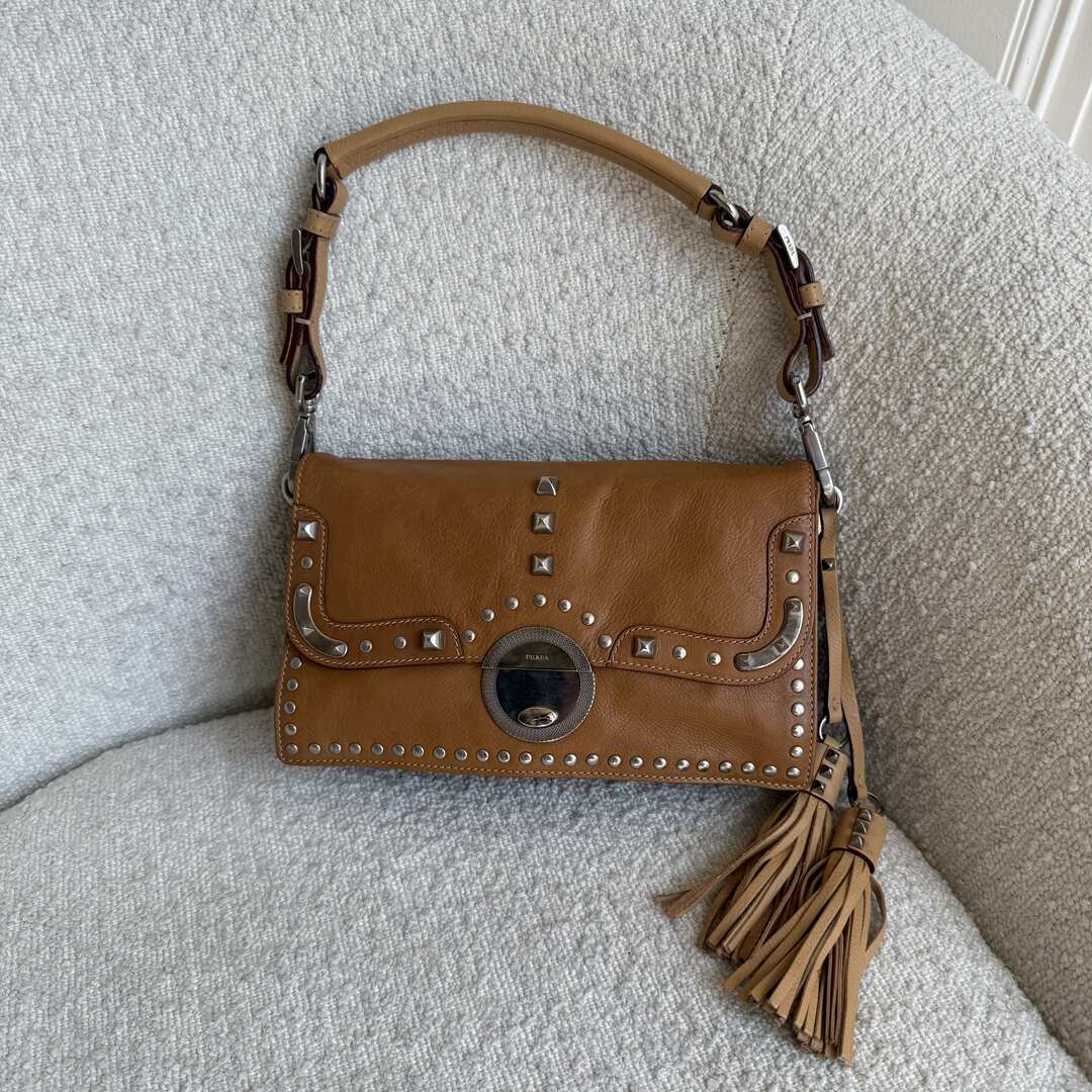 Prada Tassels Studded Leather Brown Shoulder Bag