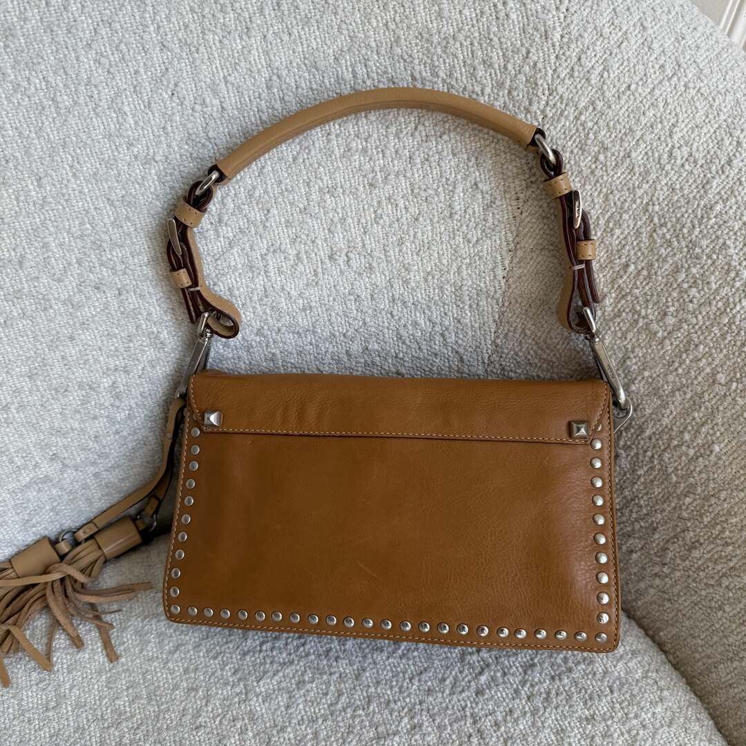 Prada Tassels Studded Leather Brown Shoulder Bag