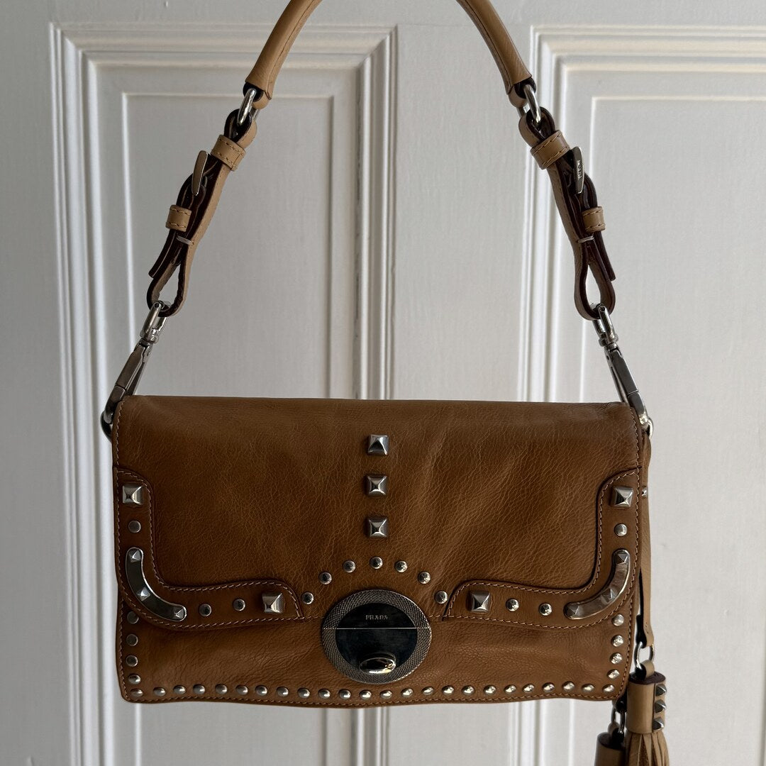Prada Tassels Studded Leather Brown Shoulder Bag