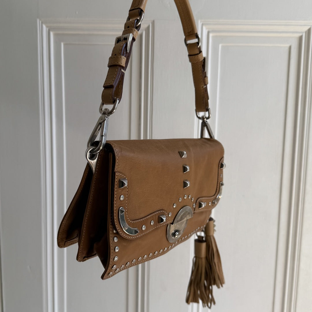 Prada Tassels Studded Leather Brown Shoulder Bag