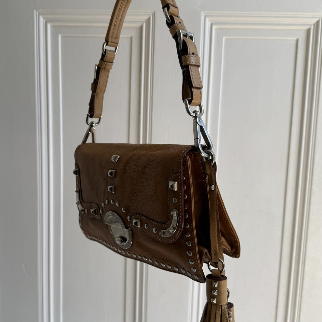 Prada Tassels Studded Leather Brown Shoulder Bag