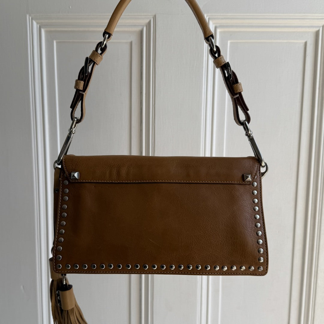 Prada Tassels Studded Leather Brown Shoulder Bag